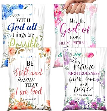Pasimy 100 Pcs Christian Gift Bags Religious Bible Floral Plastic Bags with Handles Christian Bible Party Favor Pouches Inspirational Flower Candy Goodie Pouch for Women Wedding Birthday Church Gifts
