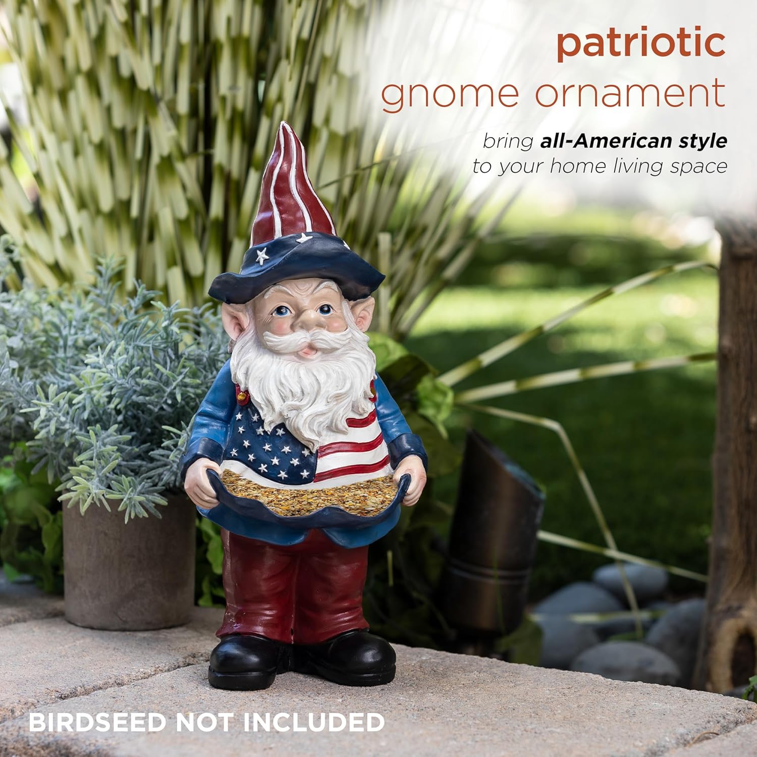 Alpine Corporation 12" Tall Outdoor Americana Garden Gnome with American Flag Bird Feeder and Yard Statue Decoration
