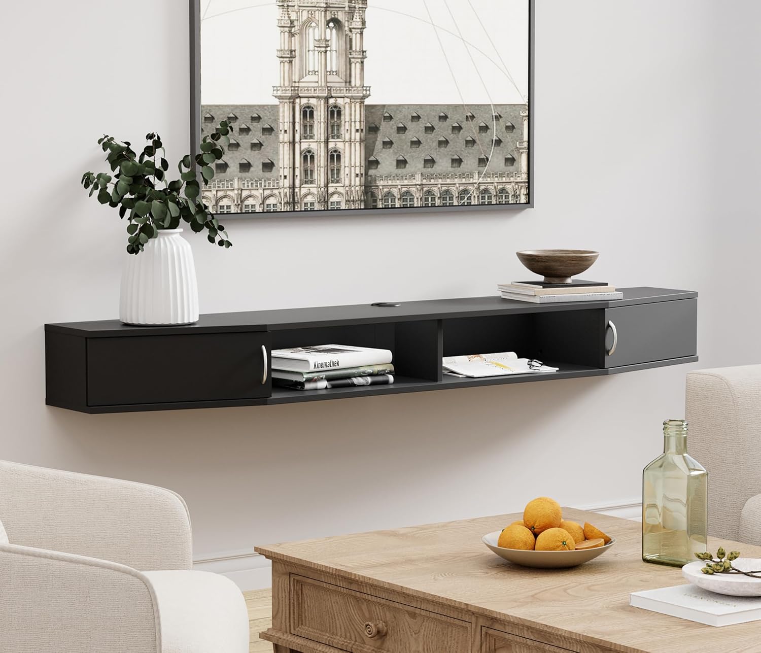 WAMPAT 70" Floating TV Stand with Charging Station for 32-80 inch TVs,Floating Shelf for Under TV Wall Mounted, Modern Entertainment Center Media Console Shelf for Living Room, Bedroom