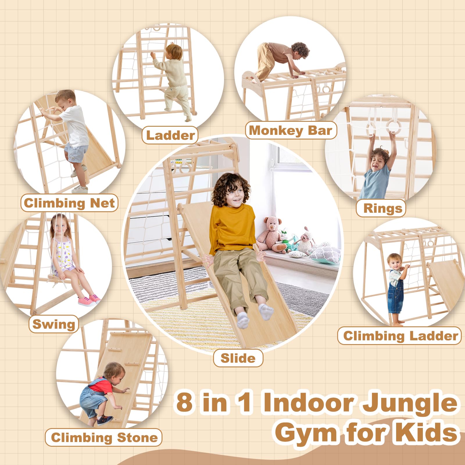 8 in 1 Klettergerüst Indoor für Kinder, Indoor Spielplatz Jungle Fitnessstudio Holz Kletter Spielset mit Rutsche, Schaukel, Affen Bars,Kletterwand, Kletterseil, Spielplatz für Kinderzimmer