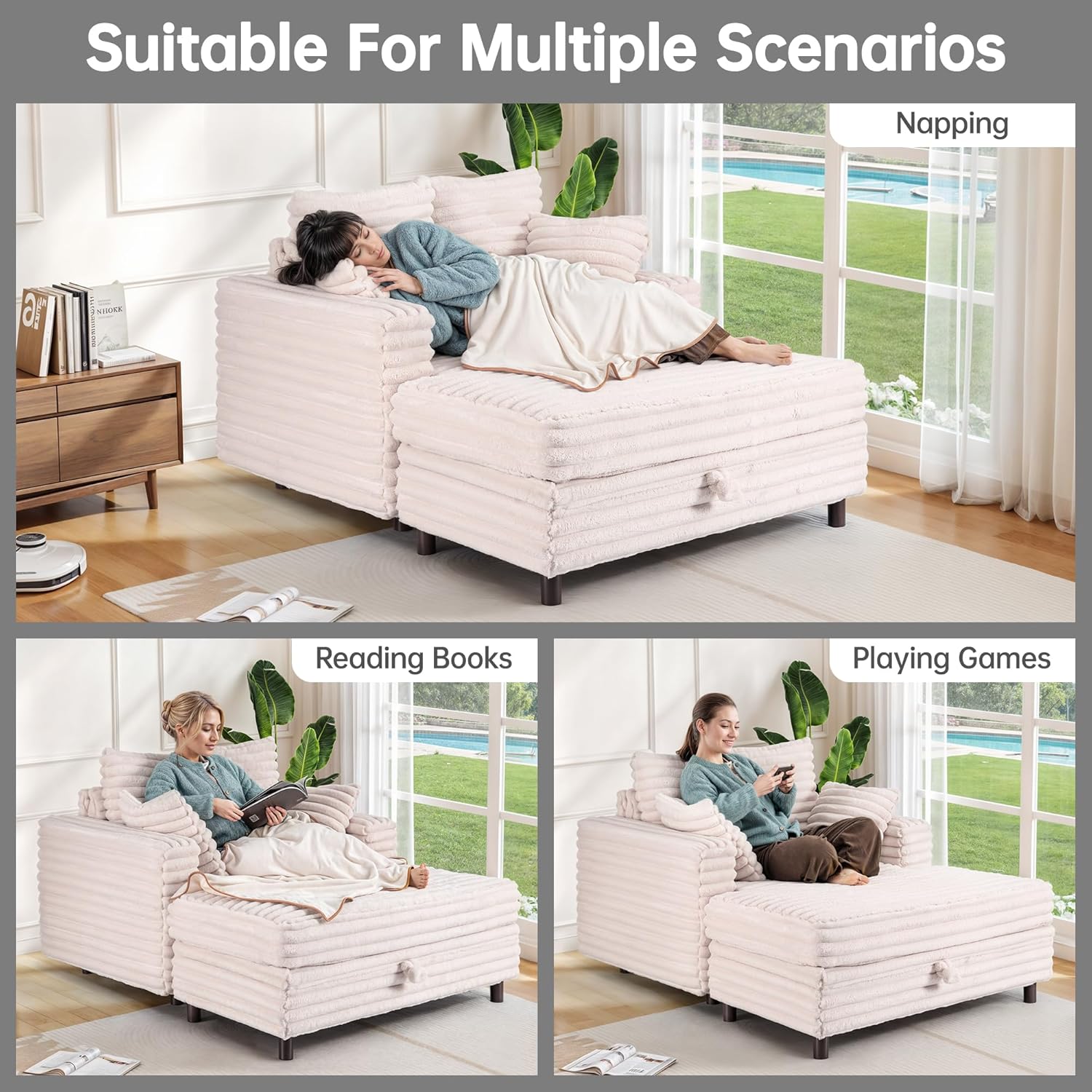 Airynee 60'' Oversized Chaise Lounge Chair Indoor, Comfy Sofa Bed with Storage, Soft Cloud Sleeper Couch with Pillows & Wide Armrests, Reading Chairs for Living Room, Movie Room, Bedroom, White
