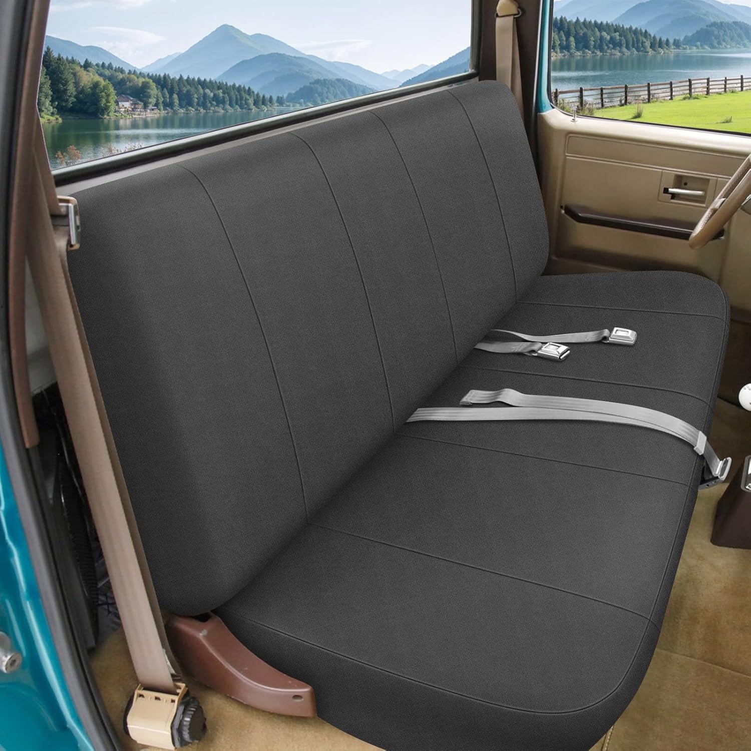 Front Seat Cover Compatible with 1973-1999 Chevy Full Size Trucks Solid Bench Seats, Neoprene Seat Cover, Durable Seat Protection with Rain Defender, Charcoal
