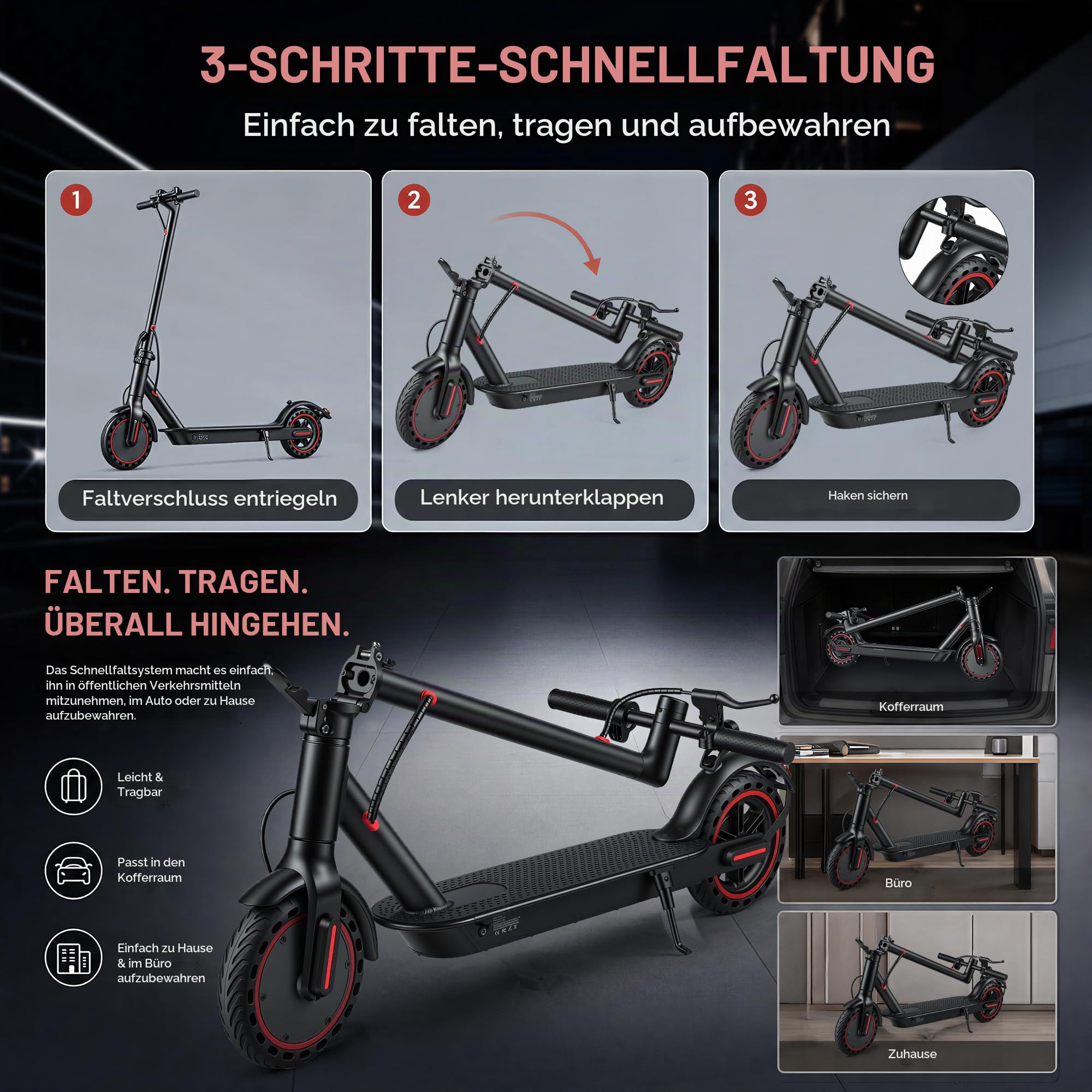 Elektroroller mit Straßenzulassung für Erwachsene, 10,4 Ah, Autonomie 25/35 km, solide Reifen 8,5 Zoll, maximale Belastung 120 kg, Steuerung mit App