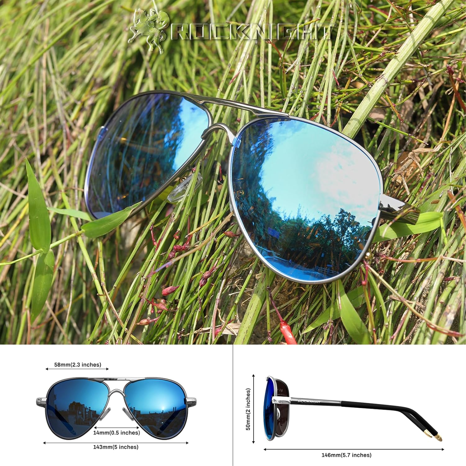 ROCKNIGHT Polarized Aviator Sunglasses for Men Women Metal Flat Top Sunglasses lightweight Driving UV400 Outdoor 58mm - Image 5