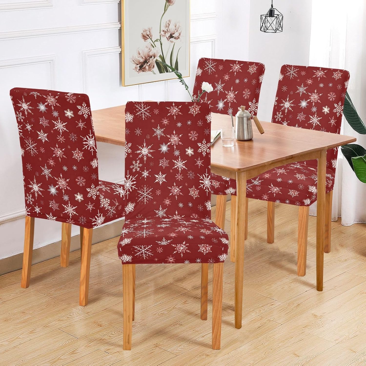 ALAZA Chair Covers for Dining Room, Graphic Snowflakes Red Pattern Stretch Chair Cover Sets Chair Protector Removable Washable for Ktichen Restaurant Hotel