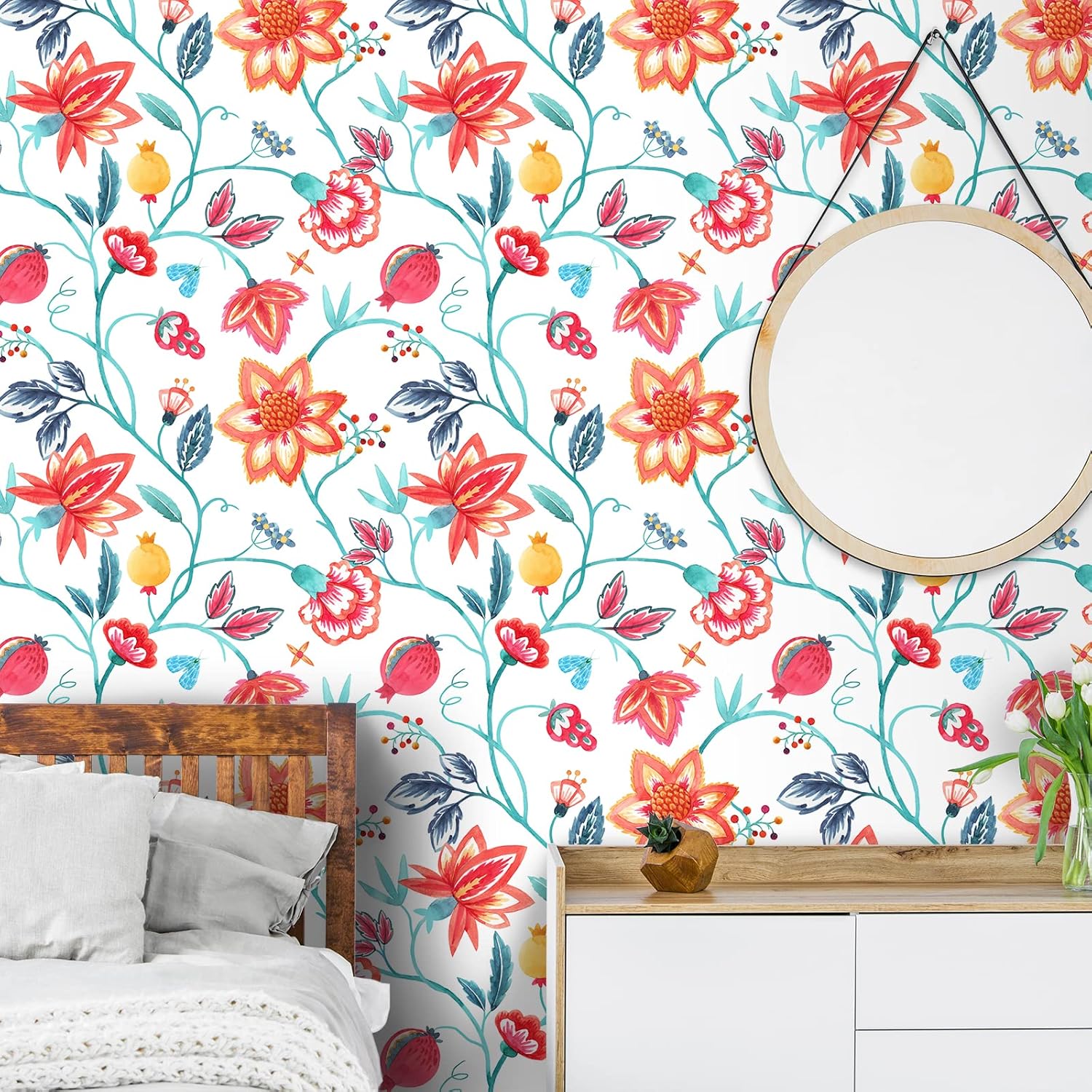 VaryStyle 17.7"x393" Orange and Red Floral Peel and Stick Wallpaper Blue Leaf Colorful Flower Contact Paper Self Adhesive Waterproof Removable Wall Paper for Home Decor Bedroom Bathroom Cabinets