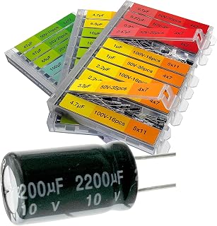 EEEEE 633-Pc Capacitor Assortment Kit: 30 Values 0.1uF-2200uF Electrolytic Capacitors 10V-100V Organized Boxes
