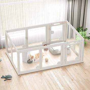 Albott Acrylic Clear Dog Playpen Indoor, Modular Puppy Cat Small Pet Play Pen with 2 Doors, Transparent Fence for Little Dogs, Cats, Rabbits, Easy Assemble and Disassemble, White 24" H, 10 pcs