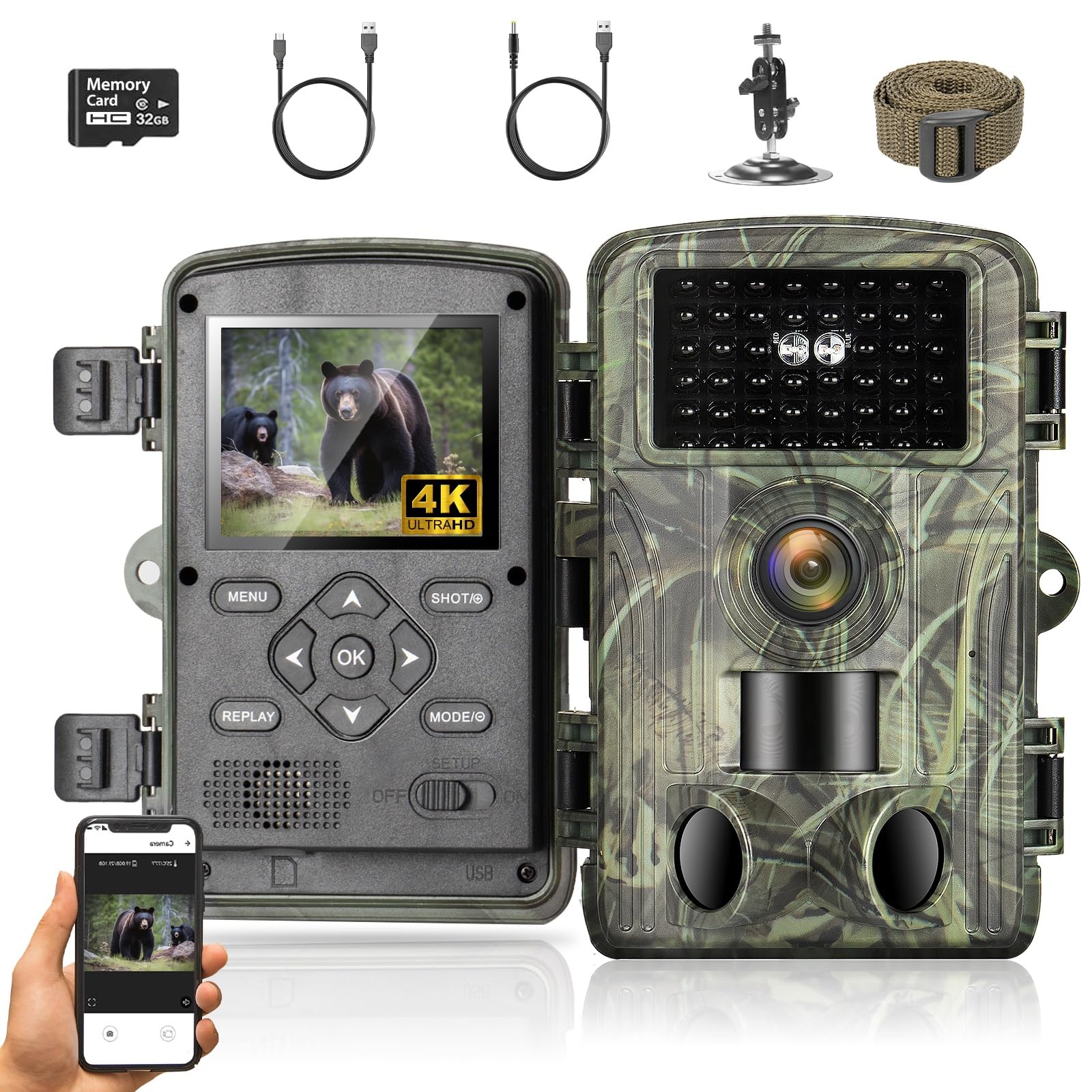 Camara Fototrampeo Caza 4K, WiFi Cámara de Caza con Tarjeta 32G, 120° Cámaras de Caza Vision Nocturna 2,0" LCD IP66 Cámara de Seguridad para Monitoreo de Vida Silvestre y Vigilancia del Hogar