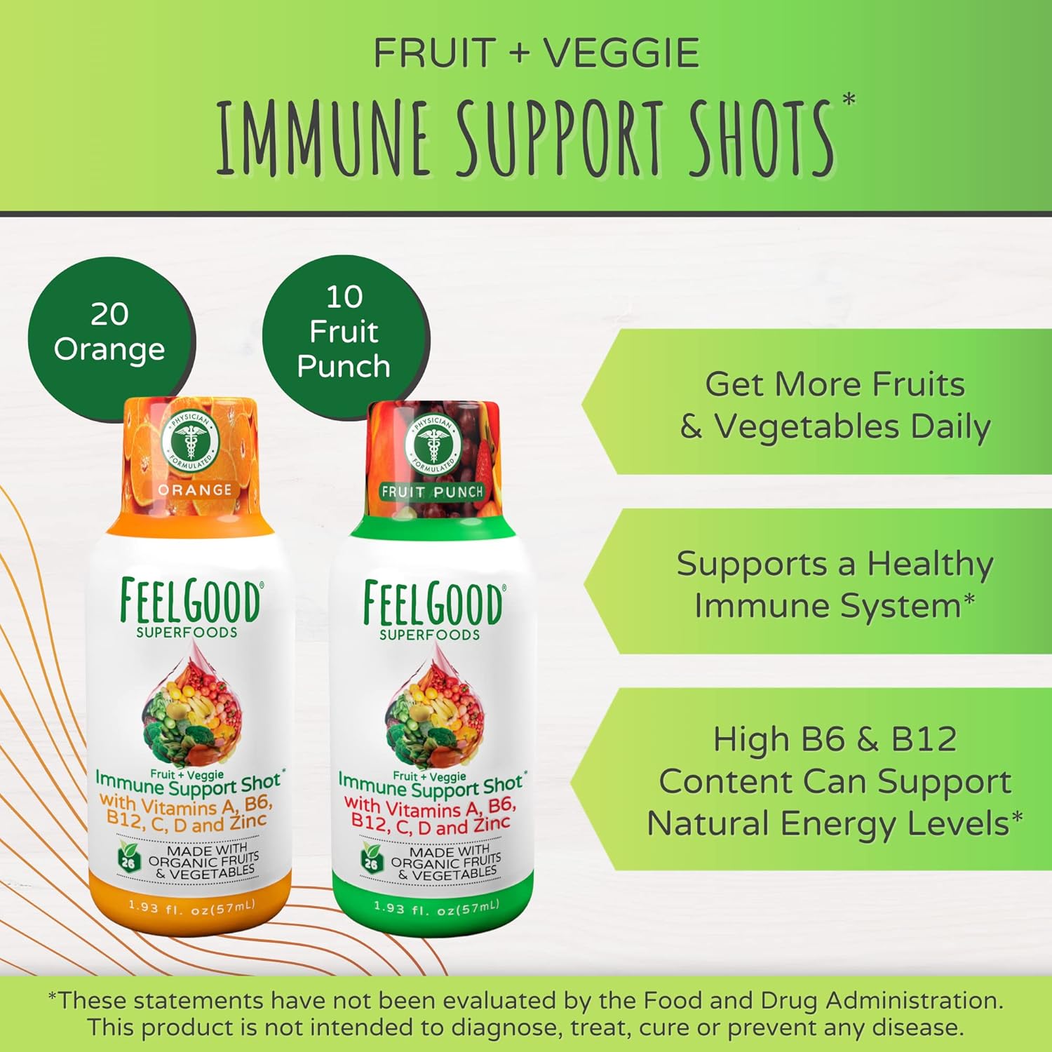 FeelGood Superfoods Immune Support Shot Supplements, 26 Organic Fruits and Veggies, Ready to Drink Immunity Booster, Orange and Fruit Punch Flavor, 20 Orange and 10 Fruit Punch, Combo Pack of 30 : Health & Household
