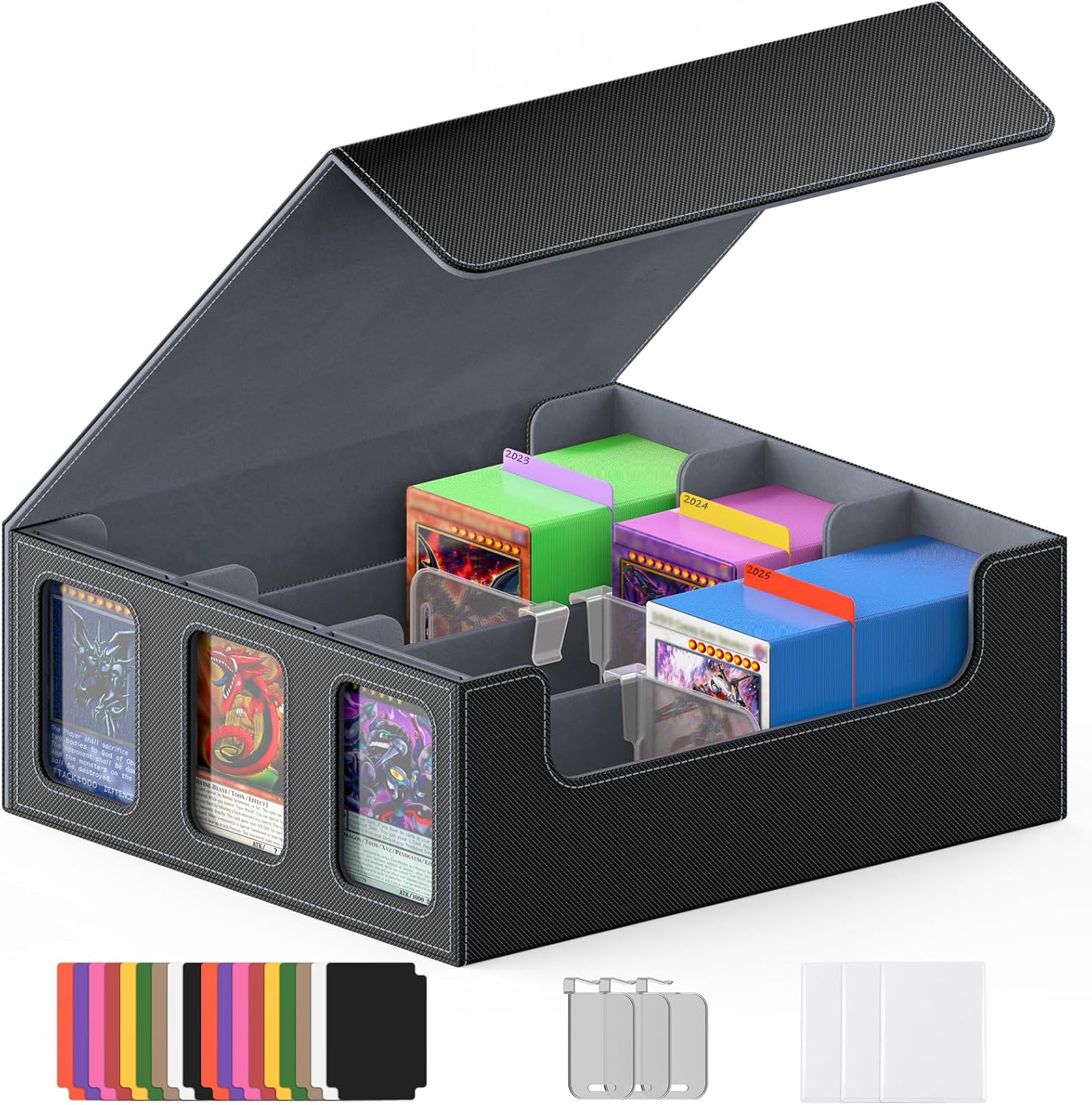 TopMade MTG Deck Box with Commander Display for Trading Cards 2400+ with 18 Colorful Divider, Leather Magnetic Commander Trading Card Storage Box for YuGiOh, MTG, TCG and Sport Cards - Black & Grey
