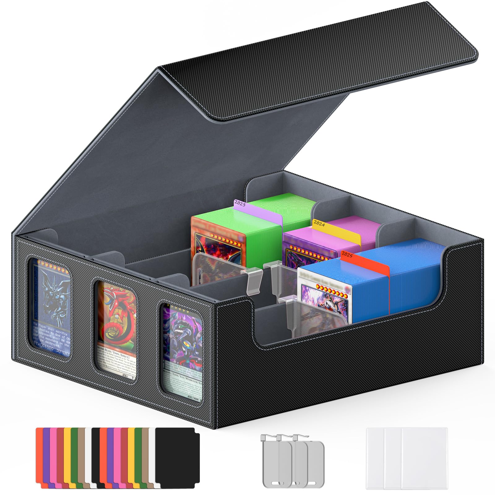 Photo 1 of ***1 CORNER DAMAGED*** TopMade MTG Deck Box with Commander Display for Trading Cards 2400+ with 18 Colorful Divider, Leather Magnetic Commander Trading Card Storage Box for YuGiOh, MTG, TCG and Sport Cards - Black & Grey