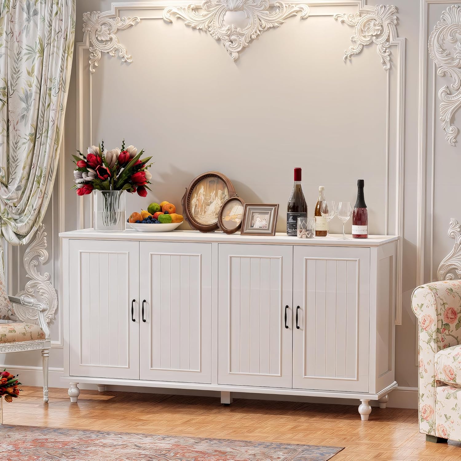 Scurrty 62'' Coffee Bar Cabinet Kitchen with Storage, Buffet Cabinet with Storage, Sideboard Buffet for Dinning Room, Kitchen & Living Room (4 Doors, White)