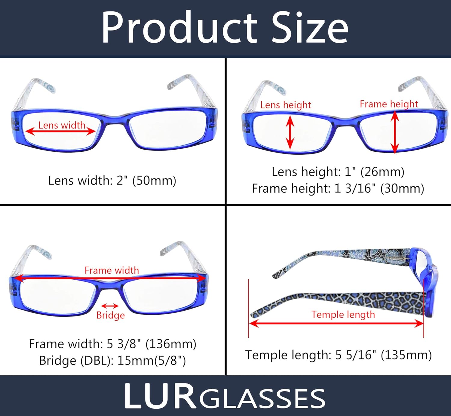 LUR Oversized Reading Glasses for Men 1.0 Large Square Readers Women 5 Pack Cheaters Glasses with Spring Hinges