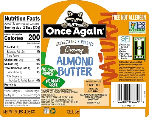 Miniatura 7 de Once Again Mantequilla de almendras cremosa natural, 9 libras (igual que 9 frascos), ligeramente tostada, sin sal, sin azúcar, certificado sin