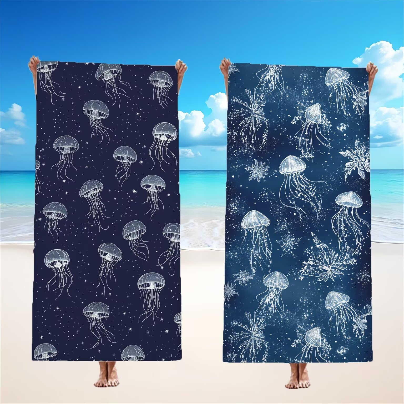 Bleu Serviette de Plage 100x200cm Lot de 2, Méduse Serviette Microfibre Ultra Absorbantes Séchage Rapide Anti Sable Léger Transport Compacte Drap de Plage pour Piscine Voyages Femme et Homme, Model579