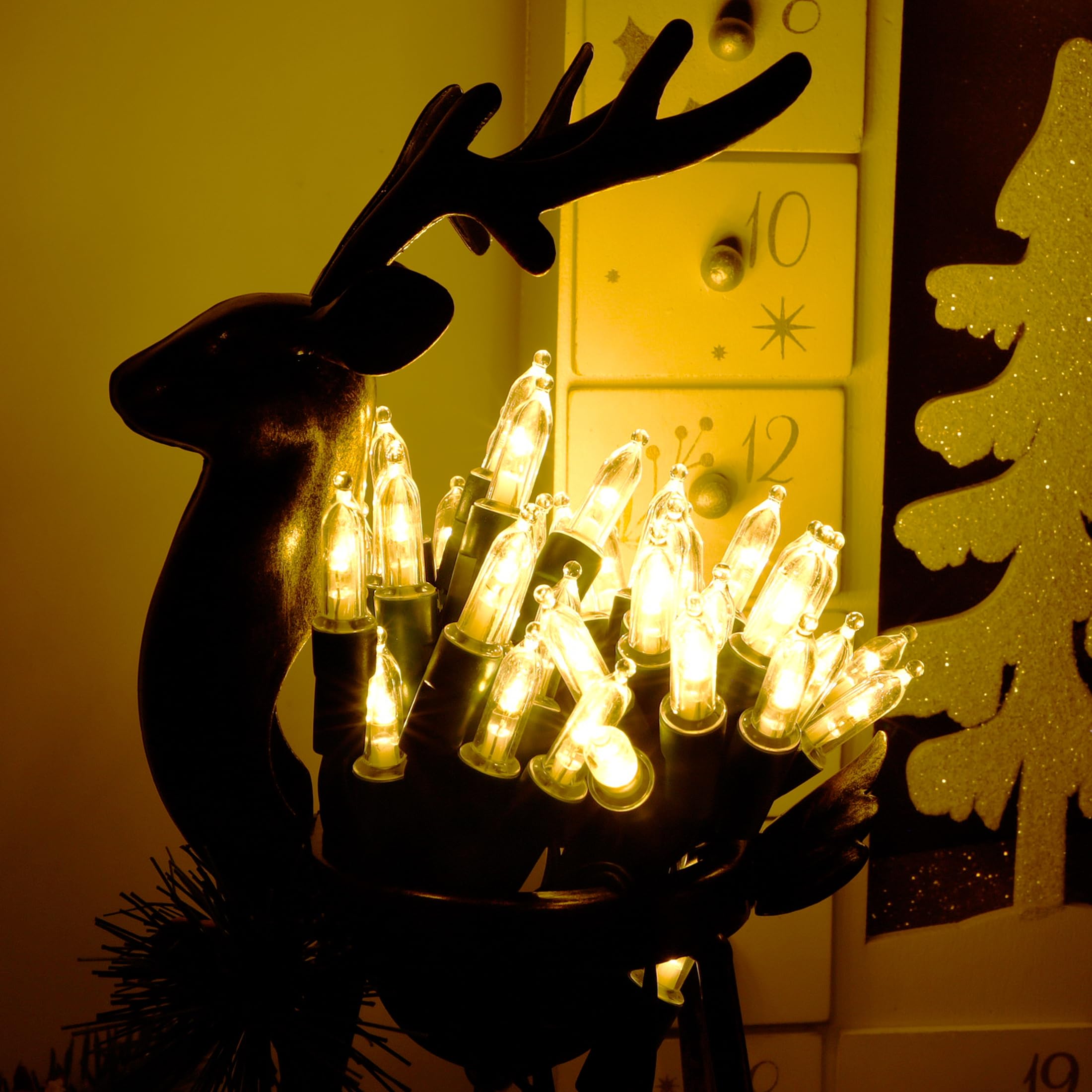 Blissun - Set di luci di Natale a 50 punti, con luce a filo verde, funzionamento a batteria, con 8 modalità, 4,9 m, per decorazioni di albero di Natale, giardino (2 pezzi, bianco caldo)