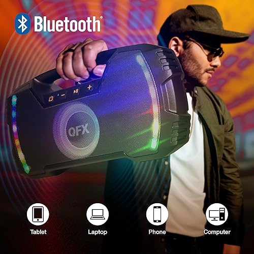 Miniatura 4 de Potente y portátil impermeable todo terreno altavoz Bluetooth con graves profundos, luces LED de fiesta, carga rápida USB-C, radio FM, AUX - QFX