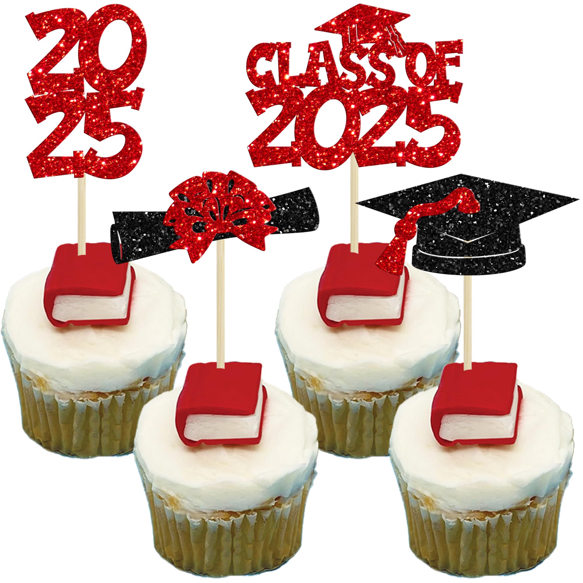 Ephlyn 36Pcs 2025 Graduation Theme Cupcake Toppers Glitter Class of 2025 Congrats Grad Diploma Graduation Cap Cupcake Picks for 2025 Graduation Theme Party Cake Decorations Supplies Red