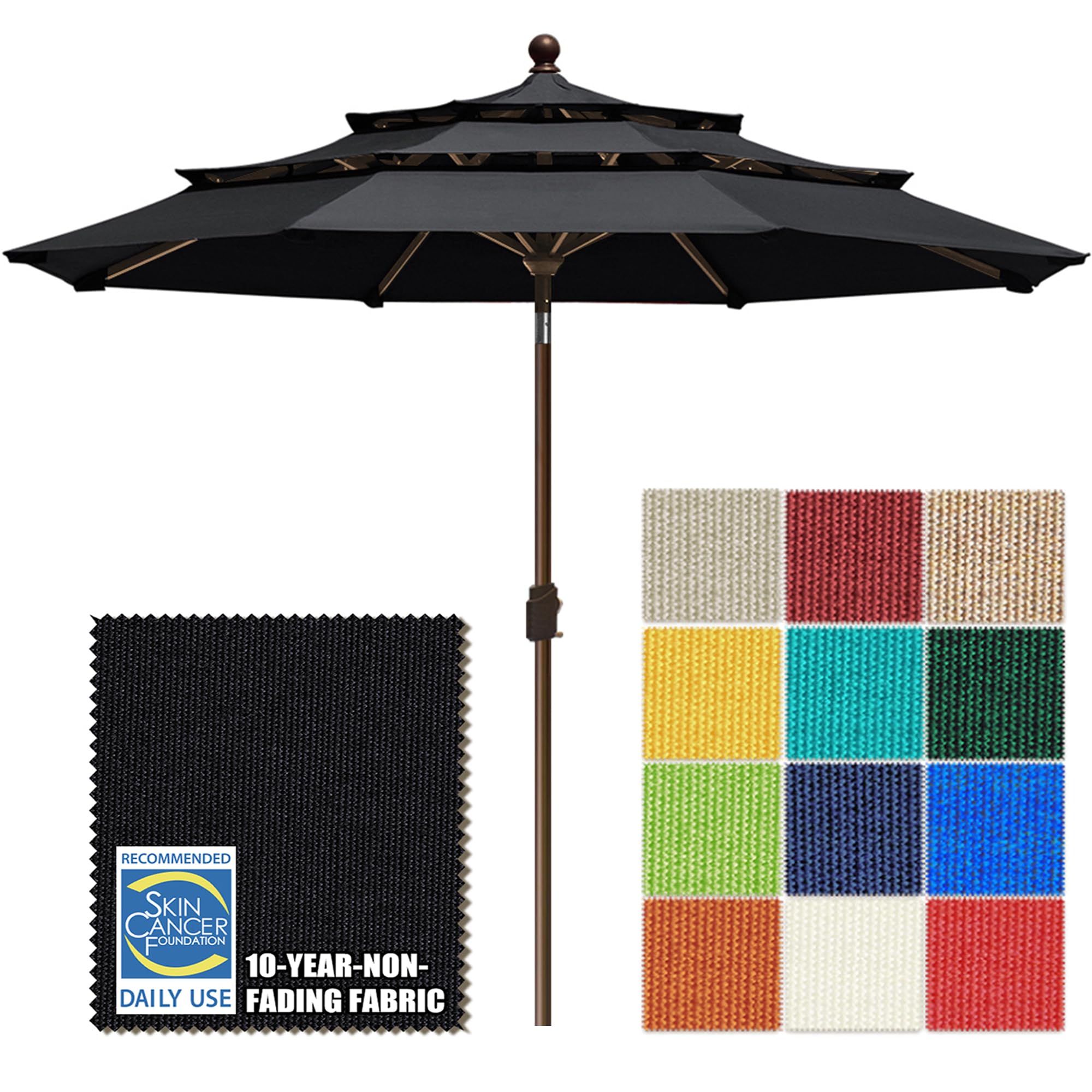 Photo 1 of EliteShade USA 10-Year-Non-Fading 10ft 3-Tier Market Patio Umbrella, Commercial Grade Outdoor Table Umbrella with Crank Open, Windproof & UPF 50+ UV Protection, Heavy Duty Ventilation for Garden, Deck, Pool, Backyard, Beach & Bistro, Black