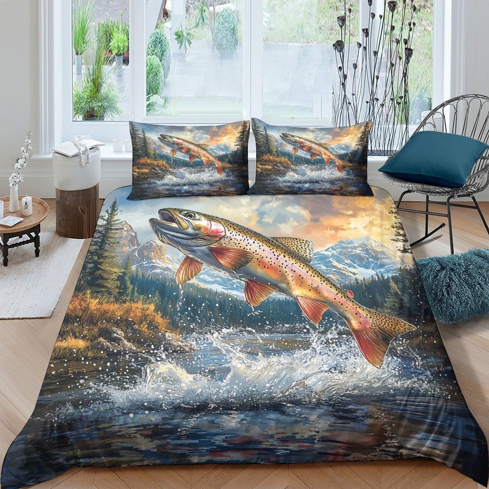 Ctjqhvkz Style-8 3D Printed Lively Trout River Fitted Sheet Microfiber Breathable Fishing Landscape Mattress Cover For Bedroom Decor Single（135X200cm）