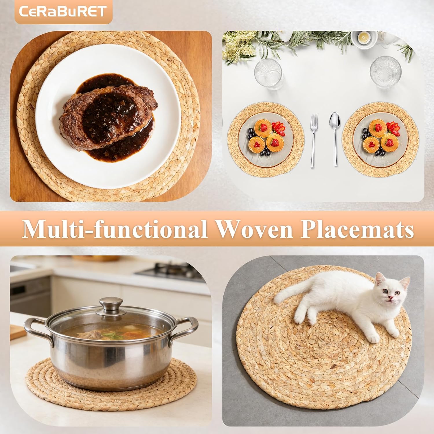 60Pcs Bulk Round Woven Placemats Plate Chargers, Rattan Wicker Table Mats, 11.81in Boho Farmhouse Rustic Woven Placemat, Braided Straw Rattan Charger Place Mat for Wedding Party Use (60)