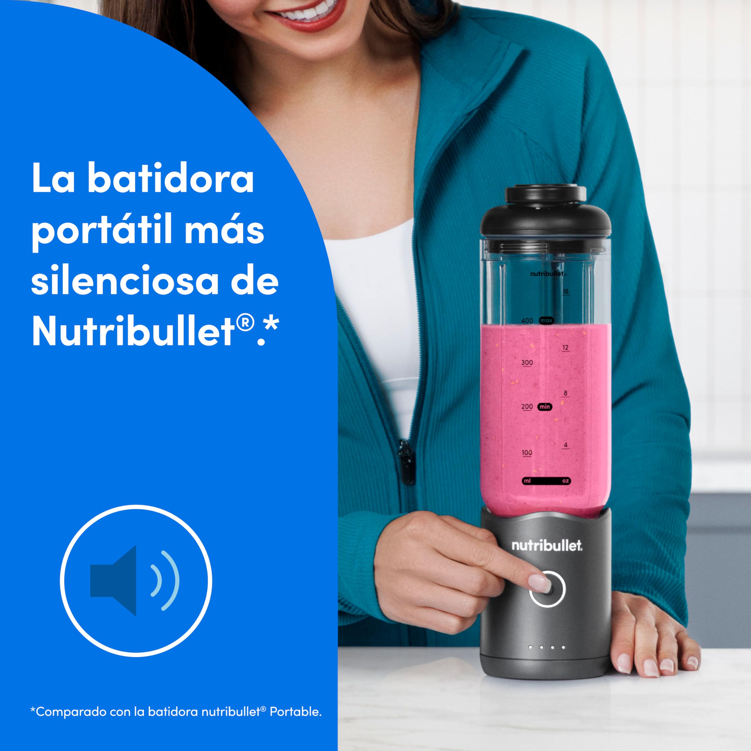 nutribullet Flex 590ml - Batidora Portátil para Smoothies con Tapa con Boquilla y Asa, Picadora, Tritura Hielo y Frutas Congeladas, USB-C, Vaso sin BPA, Fácil de Limpiar, Gris Grafito (NBP013GM)