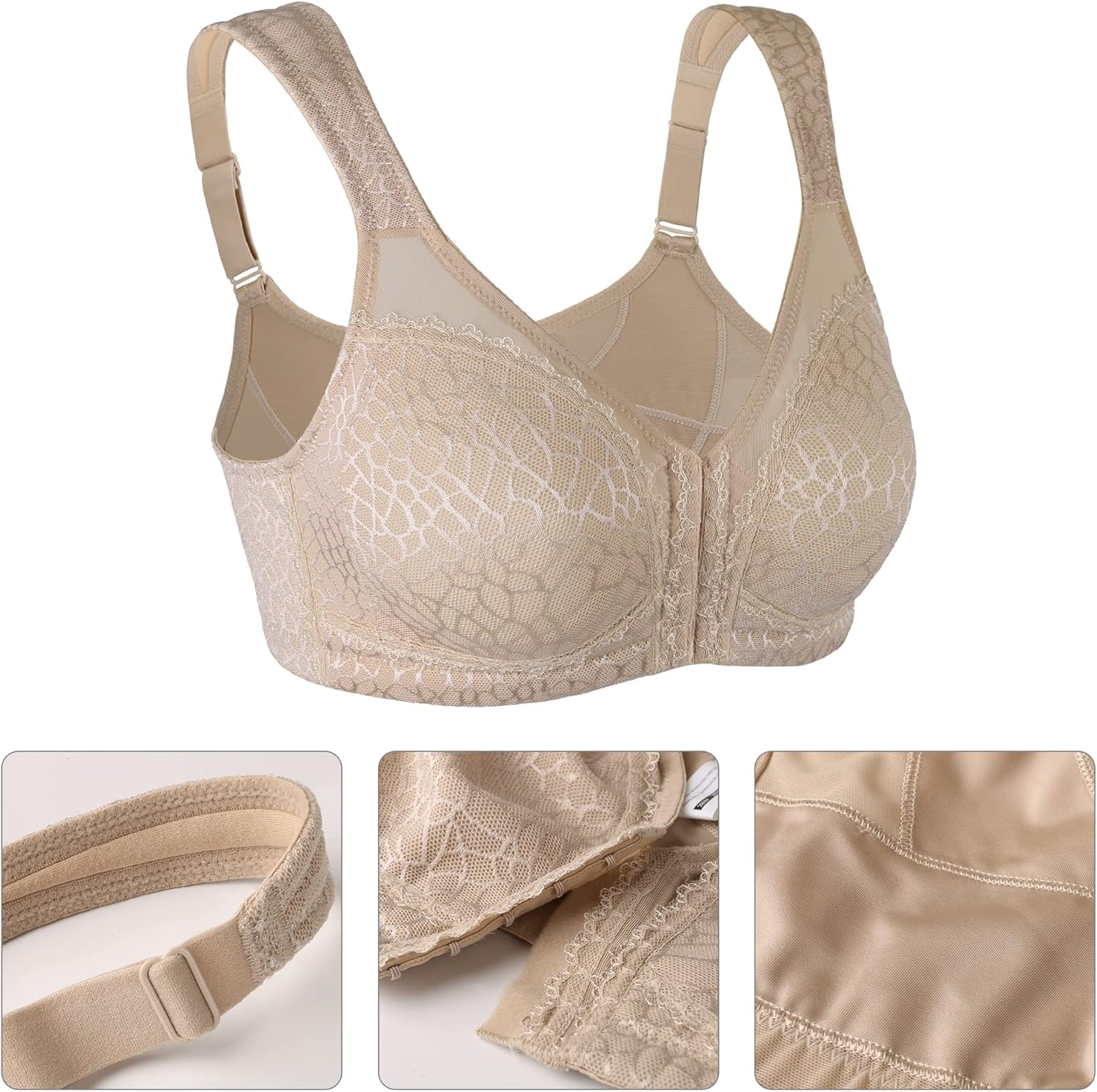 Lemorosy Women's Plus Size Full Coverage Front Closure Posture Back Unpadded Wireless Double Support Minimizer Bra - Image 6