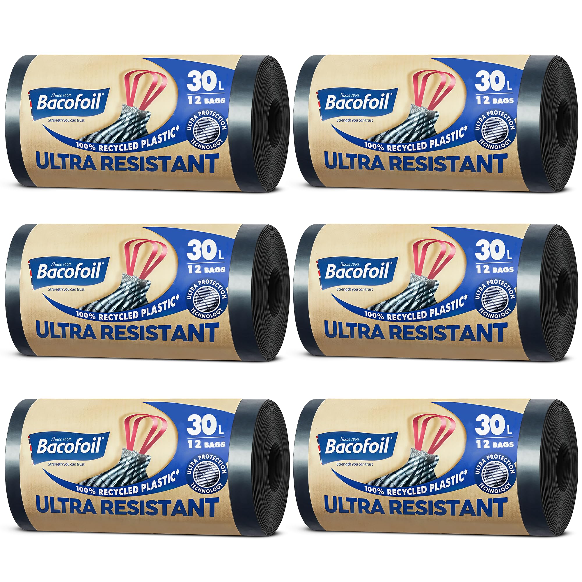 Bacofoil Ultra Resistant Bin Liners with Drawstring Handles 30L - Leak-Proof and Tear Resistant 30L Bin Bags with Ultra Protection Technology (6 Rolls, 72 Bags)