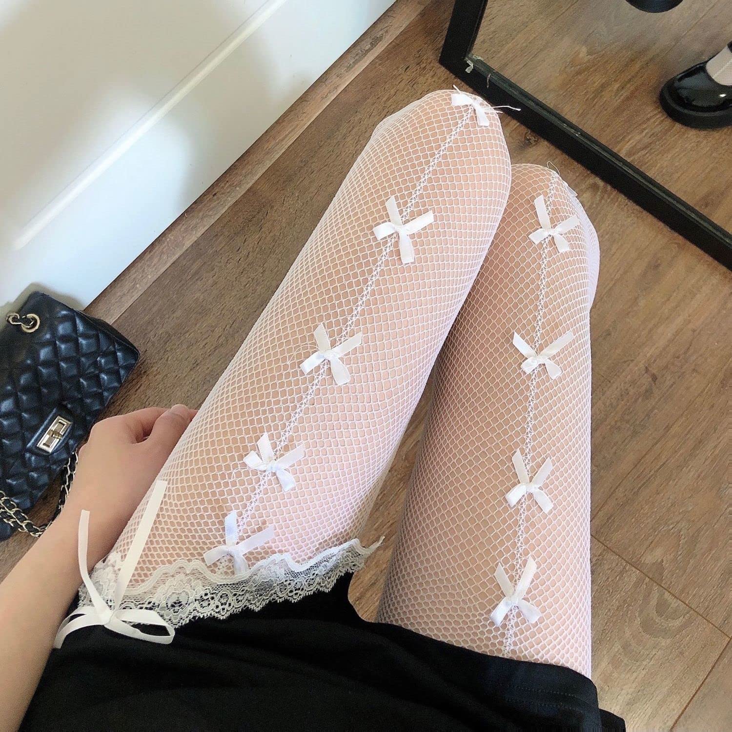 Medias de Red con Lazo para Mujer, Delgadas, de Verano, Sexis, Huecas, piernas Hermosas, Tubo Largo, Pantimedias de Seda Negras (Blanco b, Talla única) (Negro a Talla única)