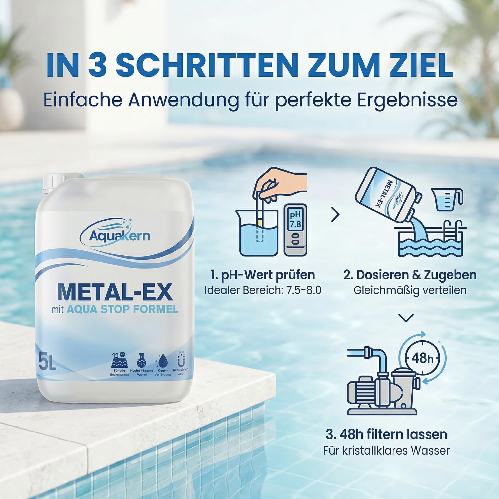 Metal Ex Pool 2x5L [entfernt braunes Poolwasser] mit Aqua Stop-Formel | Schützt die Pooltechnik | entfernt Metall- & Kalkablagerungen an Wänden | Rostentferner Pool | Made in Germany