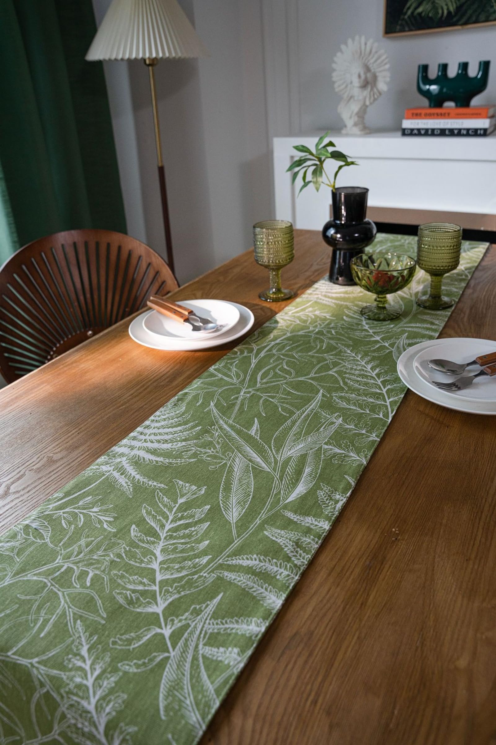 Grün Tischläufer Baumwolle Leinen, Deko Tischläufer Abwaschbar Tischband Ahornblätter Muster Tischdecke für Esszimmer Hochzeit Party Weihnachten Dekoration, 30x220 cm, Grün