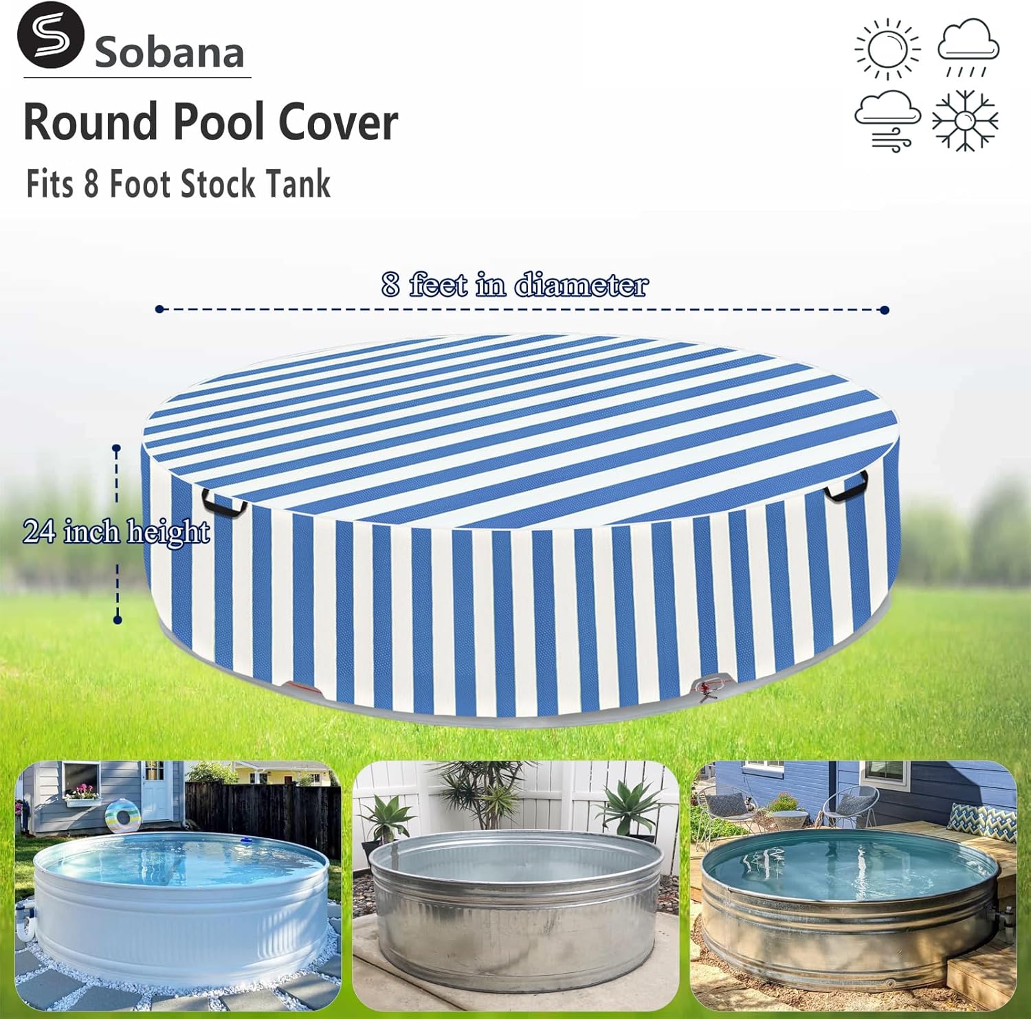 8 Ft Steel Round Stock Tank Pool Cover - Upgraded to Full Coverage, Wire Rope & Winch Design Increase Stability - Blue