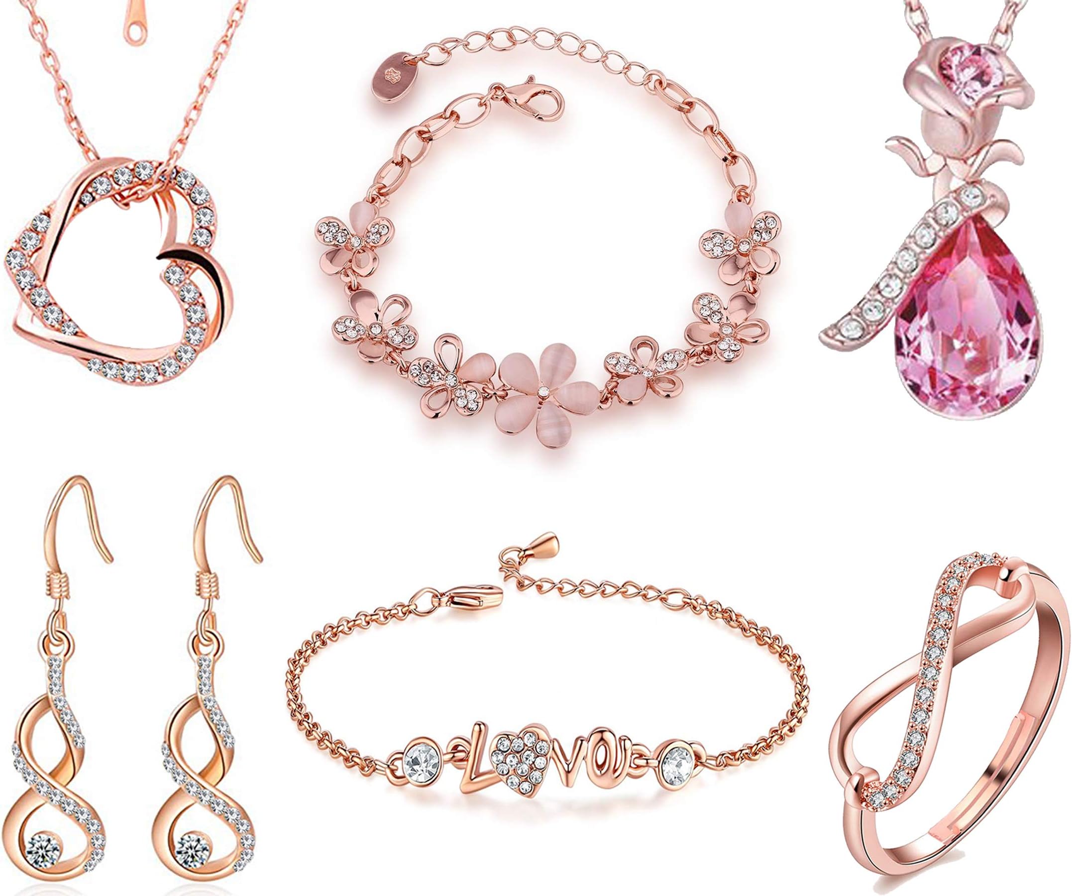 Valentine Gift Rose Gold Jewellery Combo Of 2 Adjustable Link Bracelets, 2 Crystal Pendant Necklace With Infinity Dangling Earrings And Adjustable Ring For Girls And Women Co1000343