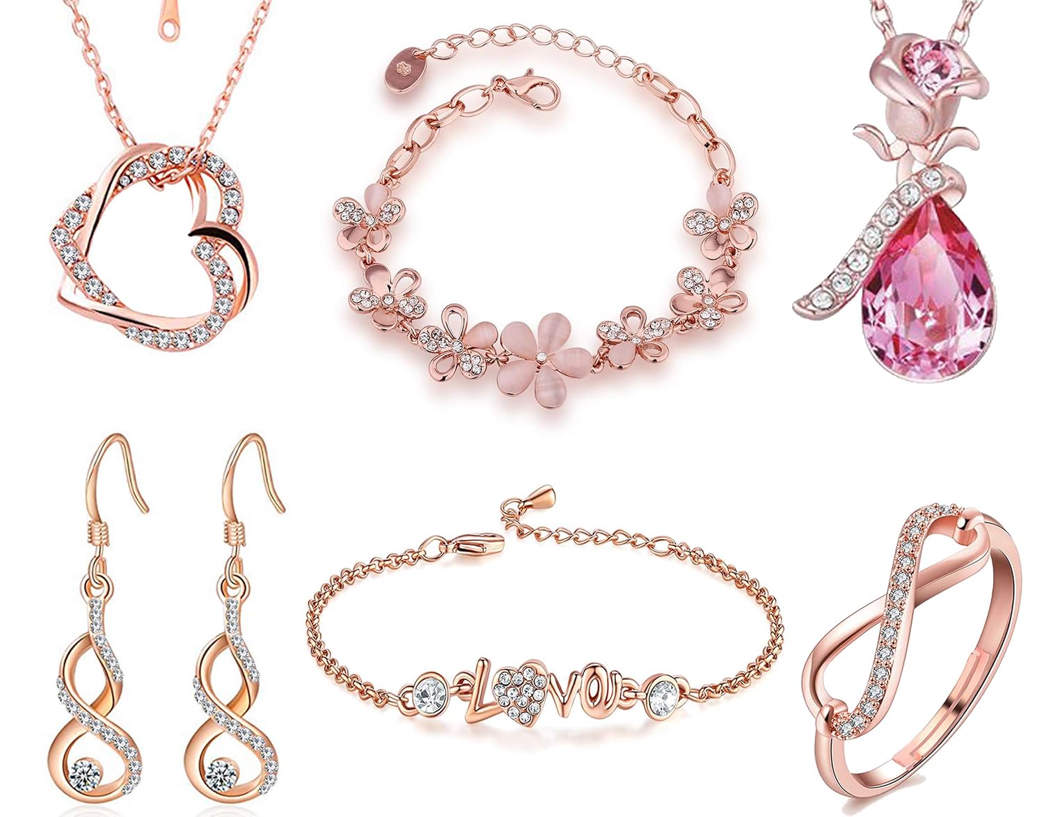 Om Jewells Valentine Gift Rose Gold Jewellery Combo Of 2 Adjustable Link Bracelets, 2 Crystal Pendant Necklace With Infini... - Review, Price and Buying Guide