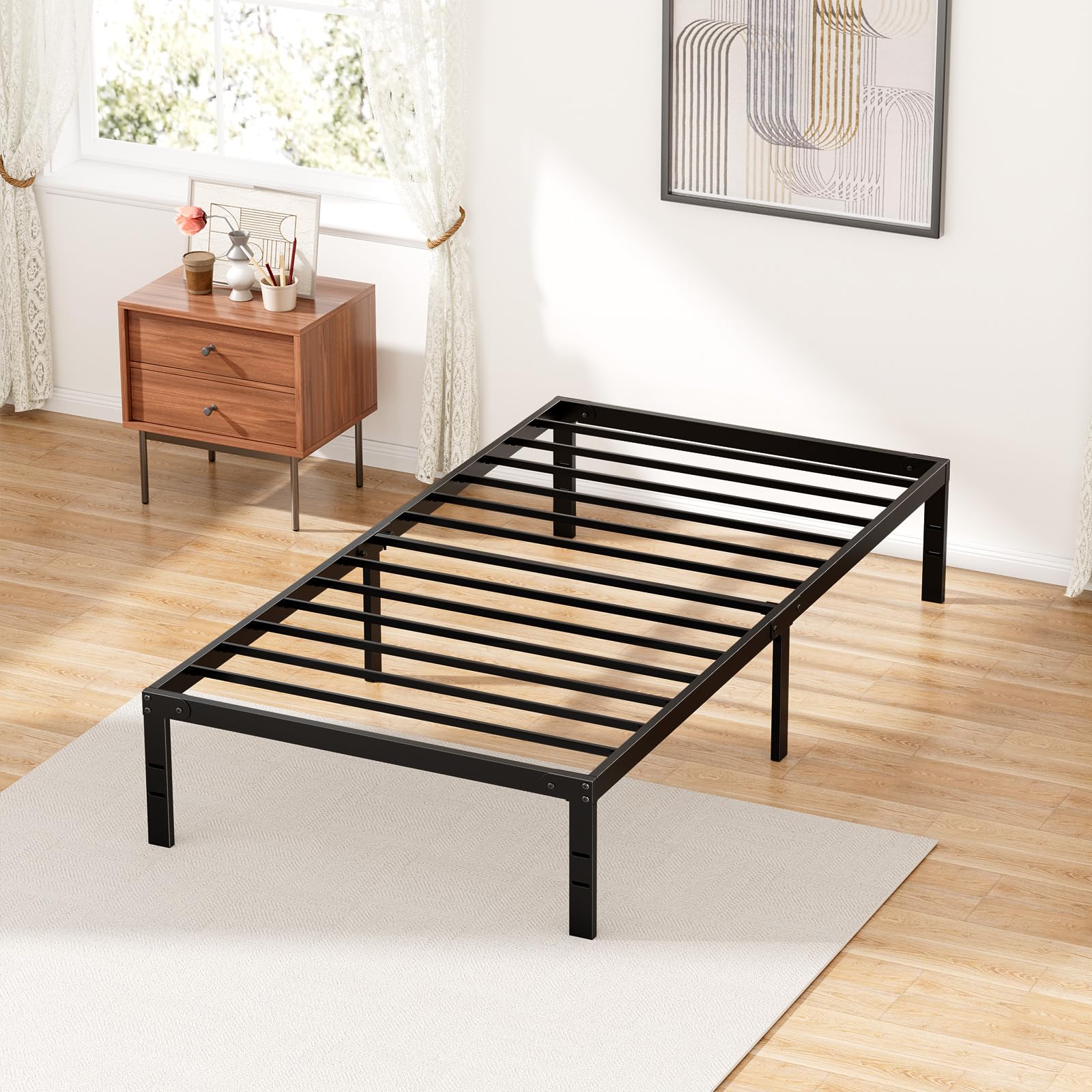 OLIXIS 14in Metal Twin Bed Frame High with Storage Space, Sturdy Steel Slat Support with 800LBS Heavy Duty, No Box Spring Needed, Easy Assembly, Black for Bedroom