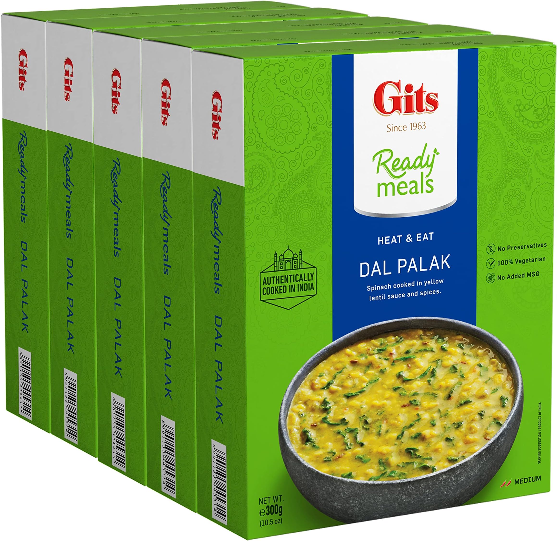 Gits Dal Palak - (Spinach Lentils - Indian Yellow Lentils cooked with fresh Spinach) Ready to eat Entree | 52.5 Oz (5 packs X10.5 Oz each).