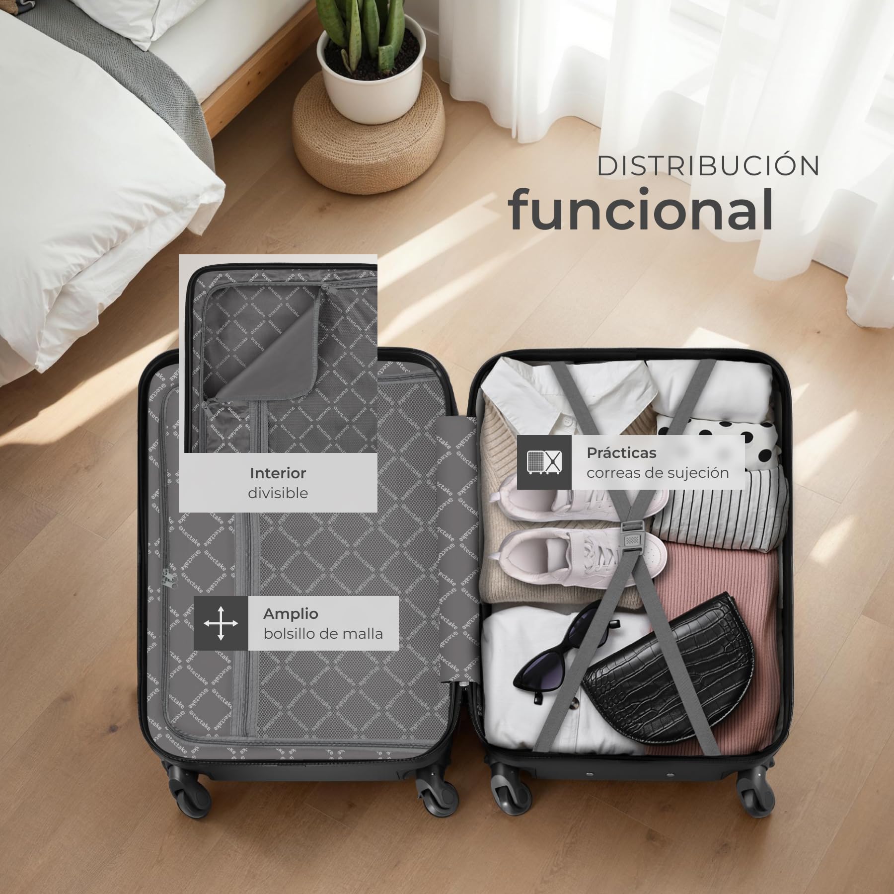 tectake® Juego de 4 Maletas Rígidas de Plástico ABS, Tamaños XL-L-M-S, Set Maletas Viaje con Ruedas de 360º, Cerradura de Combinación TSA, Asa Telescópica de Aluminio, Interior Compartimentado - negro