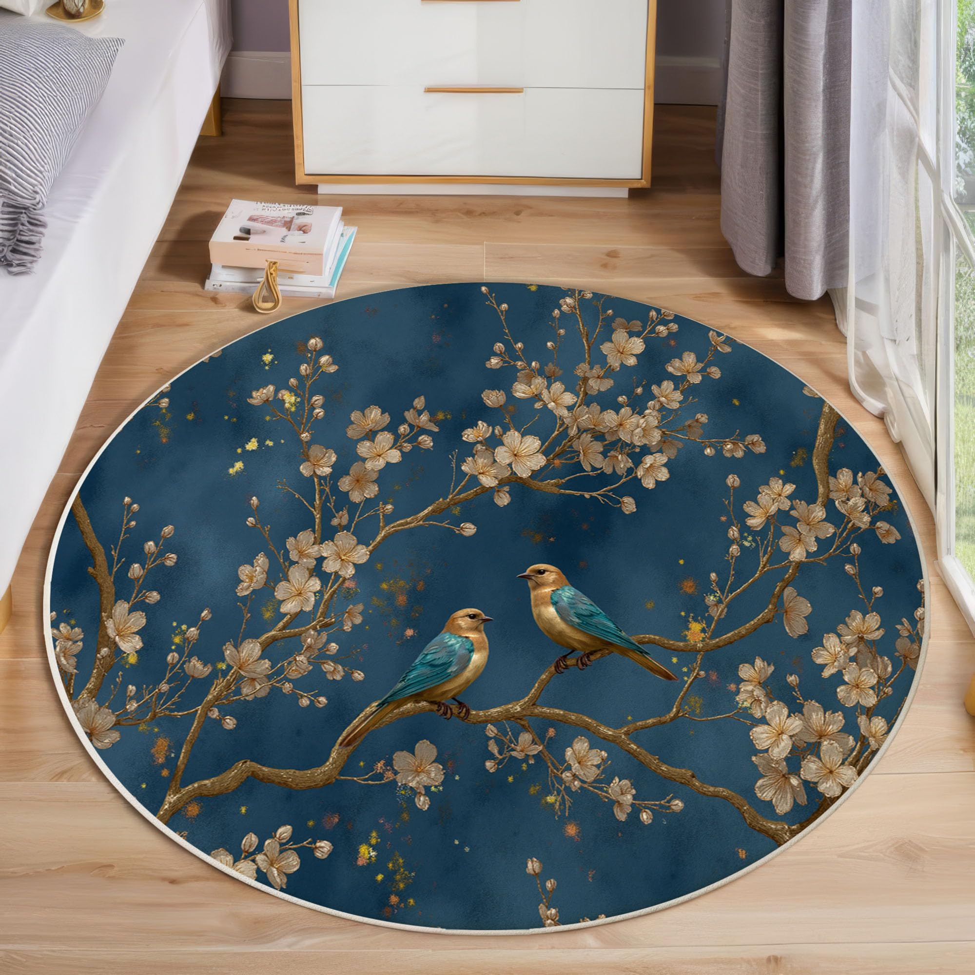 Tapis bleu marine fleurs dorées 160 cm pour salon et salle à manger design chic lavable
