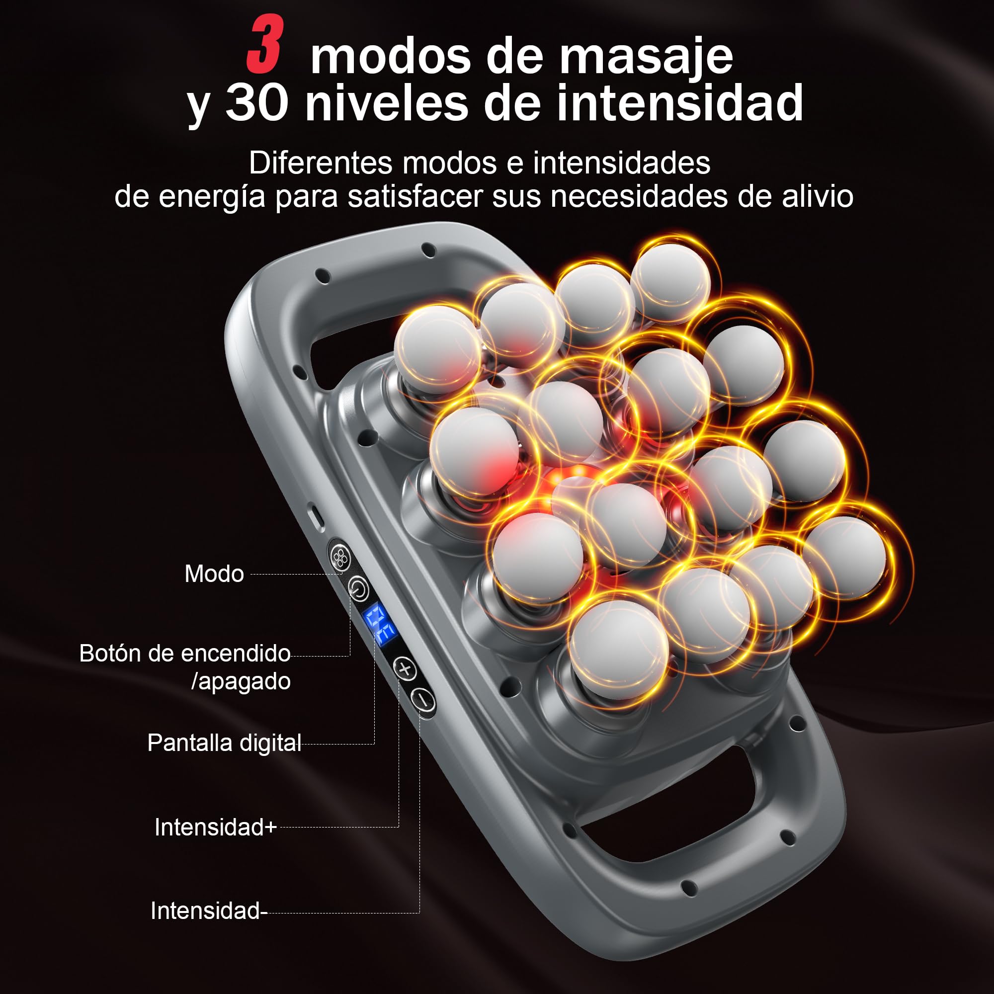 Pistola de Masaje Muscular de 16 cabezales, con 3 Modos y 30 Velocidades Ajustables, Masajeador con Luz Roja para Aliviar la Tensión Muscular y La Fatiga para Espalda, Cintura, Muslos