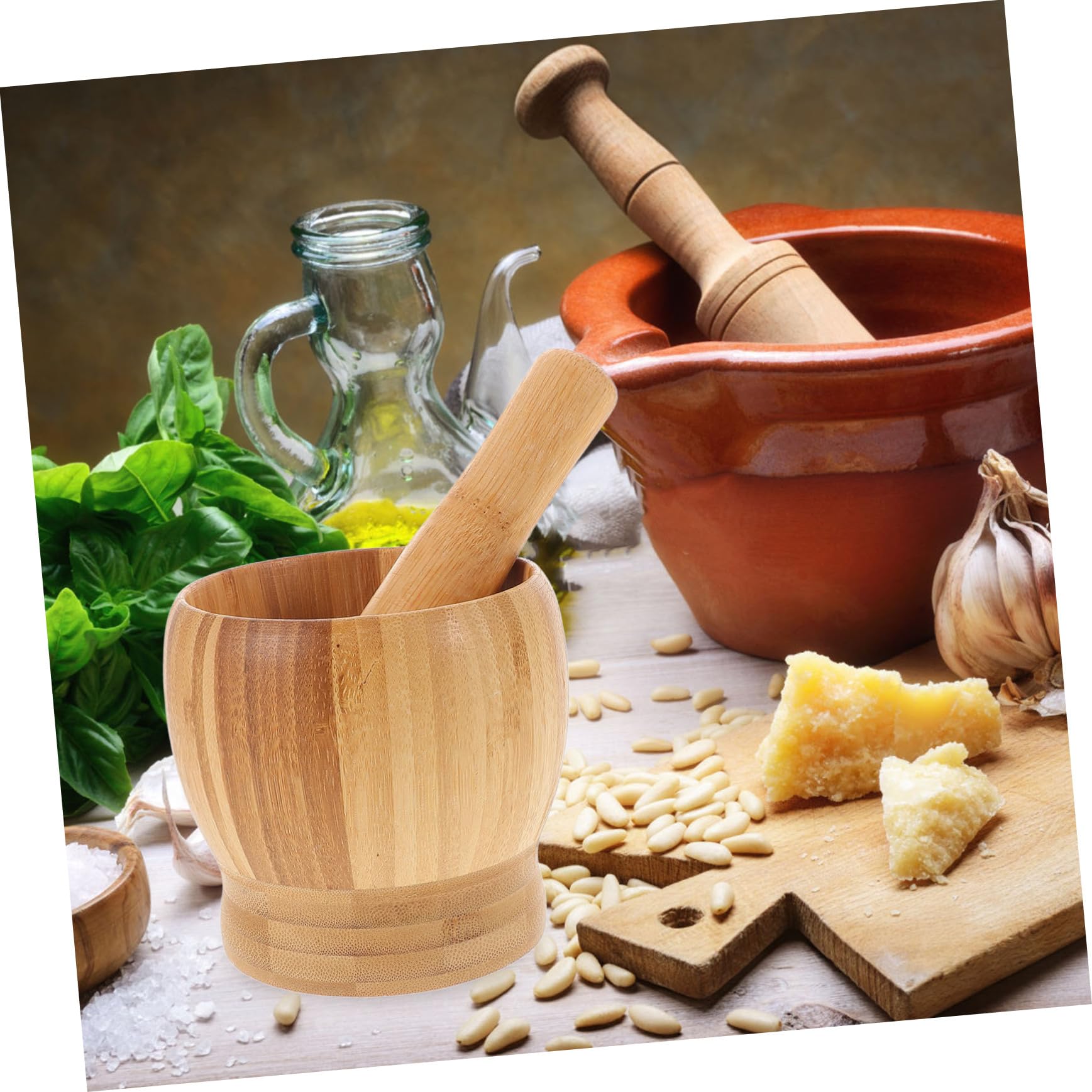 GRIRIW 1Set Manual Wooden Garlic Crush Pot Set Splicing Garlic Masher Kit for Grinding Spices and Medications Kitchen Tool for Home Use