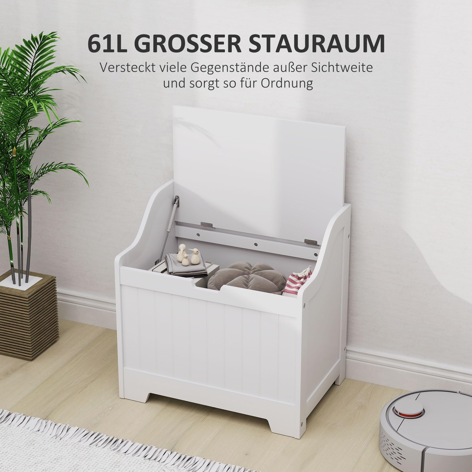 HOMCOM Truhe, Aufbewahrungsbox mit Deckel, Auflagenbox Aufbewahrungstruhe, Spielzeugtruhe, Gerätetruhe, für Wohnzimmer, Schlafzimmer, Weiß, 56,5 x 38 x 56 cm