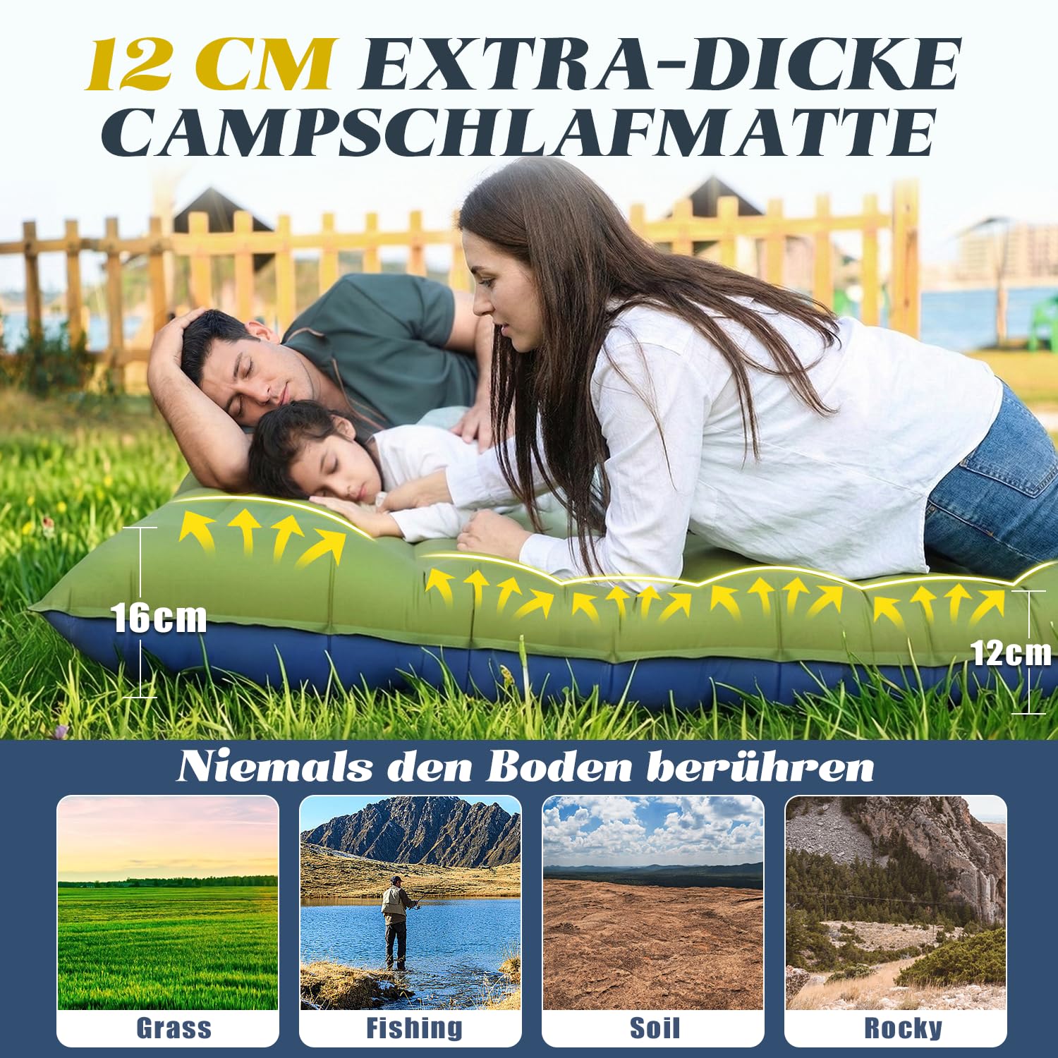 Myxslop Podwójna karimata ultralekka, karimata kempingowa, materac dmuchany, mata do spania, mały rozmiar po spakowaniu z pompką nożną i poduszką do użytku na zewnątrz