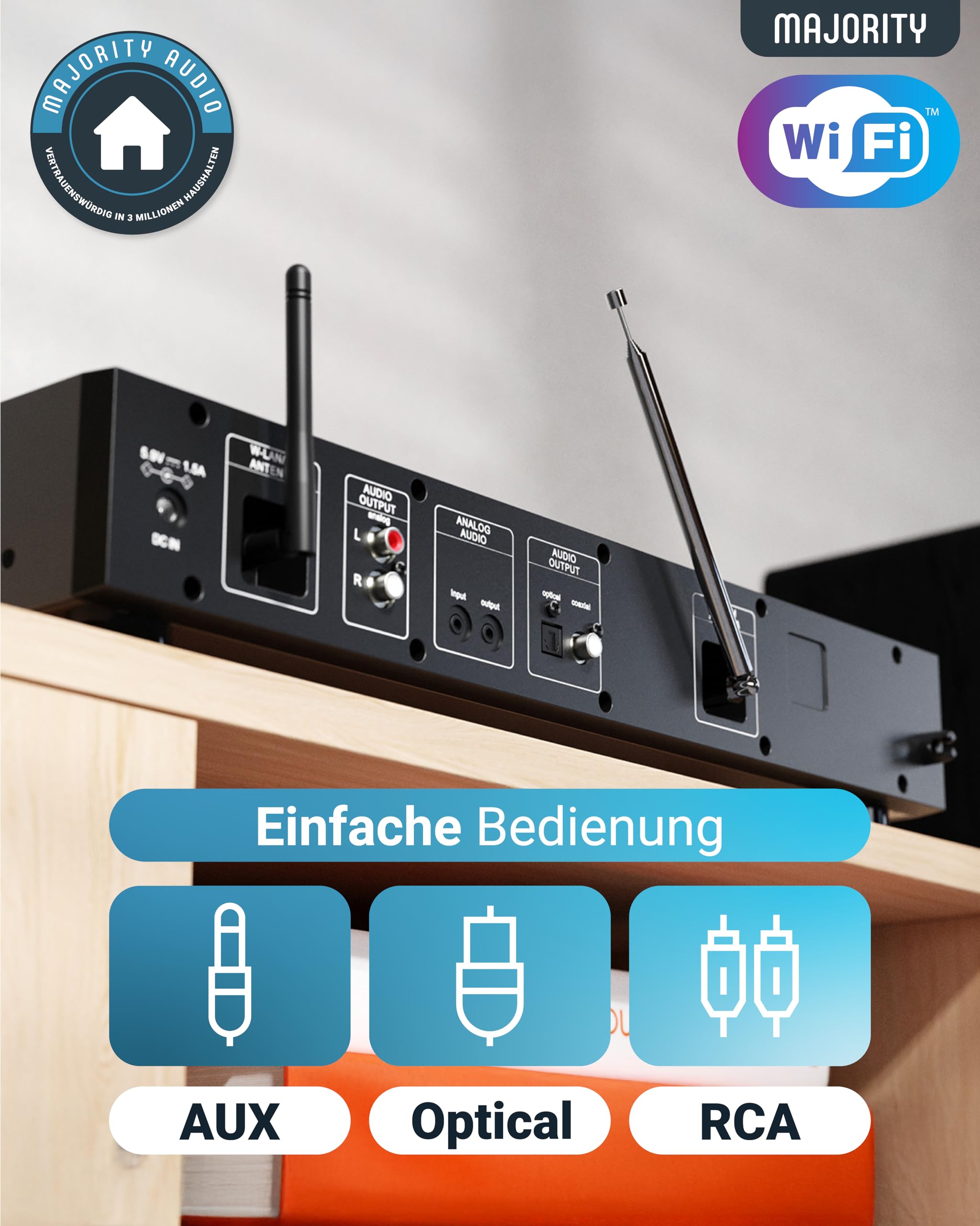 Radio DAB Plus Internetradio WLAN Tuner | DAB+ Internet Radio Receiver | Empfänger für Stereoanlage | Internetradio Adapter HiFi-Tuner mit Spotify Connect & Podcasts | MAJORITY Fitzwilliam (Schwarz)
