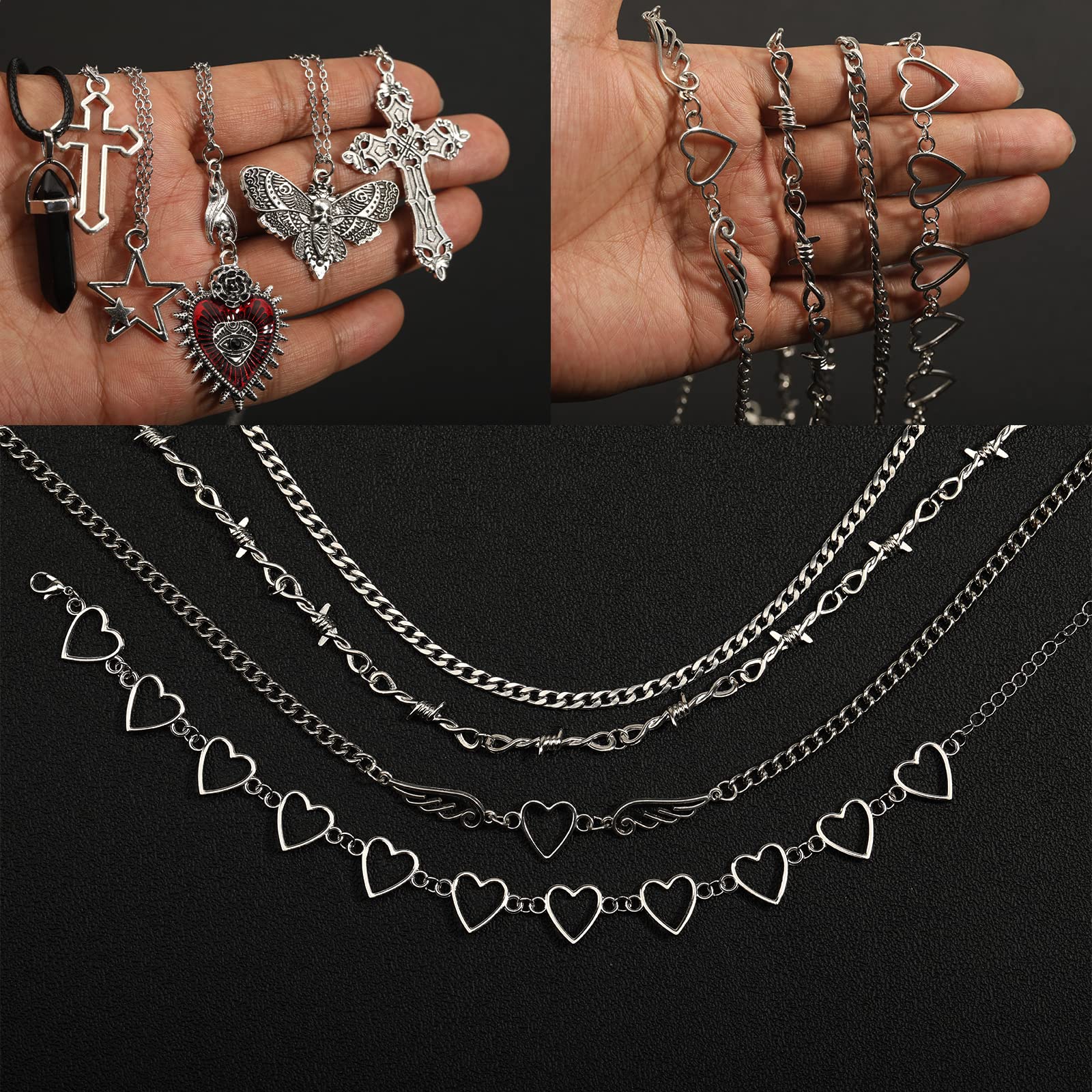 Juego de 14 piezas de collar gótico grunge Y2k Grunge joyería gótica cruz Y2k estrella Emo accesorios Y2K conjunto de joyas para mujeres y hombres, Zinc, Sin piedra preciosa 4