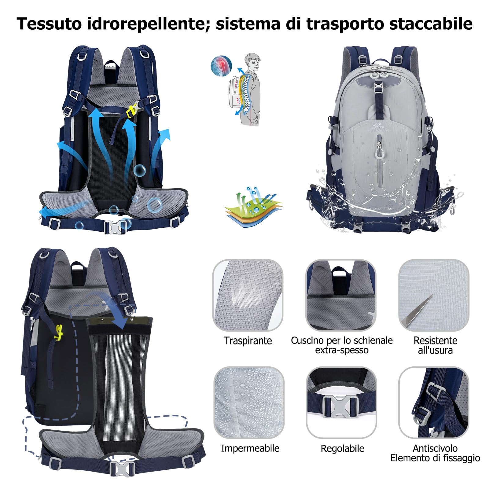 Zaino da Escursionismo 40L con Copertura Antipioggia Zaino Outdoor Ergonomico Traspirante Riflettente Backpack per Campeggio Viaggi Blu Marino