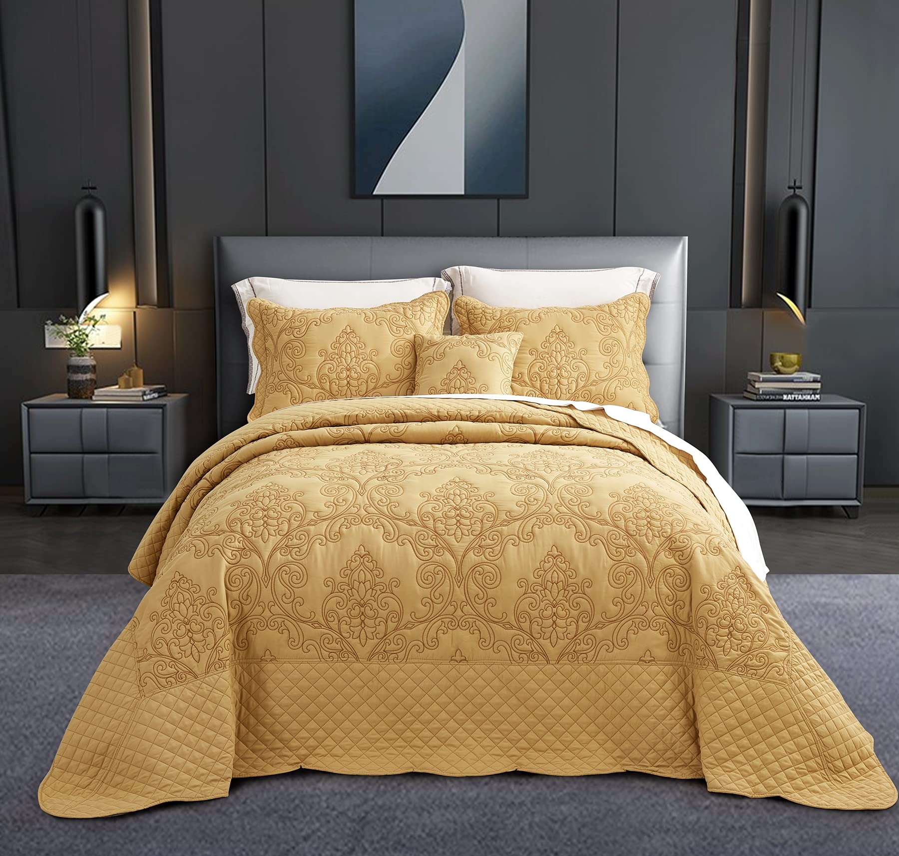 CHIXIN Bedspread Coverlet Quilt Set Full Size - Lightweight Bedding Cover - Beautiful Stitching - 5 Piece Reversible Bedspread - Luxury Damask Paisley Pattern (Full, Honey-Gold)
