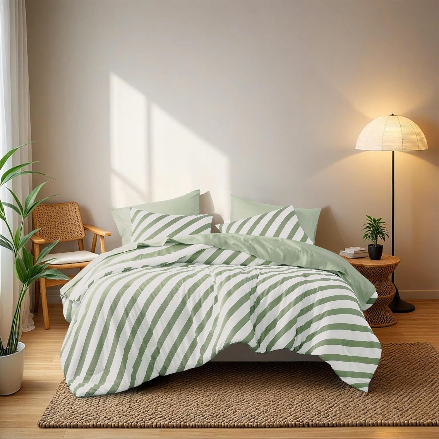 Reversible Striped Queen Comforter Set, Soft Microfiber Bedding Set with Double-sided Stripes Design, Warm & Cozy for All-Seasons, 3-Piece Comforter and Shams Set Queen Size, Sage Green - Image 9