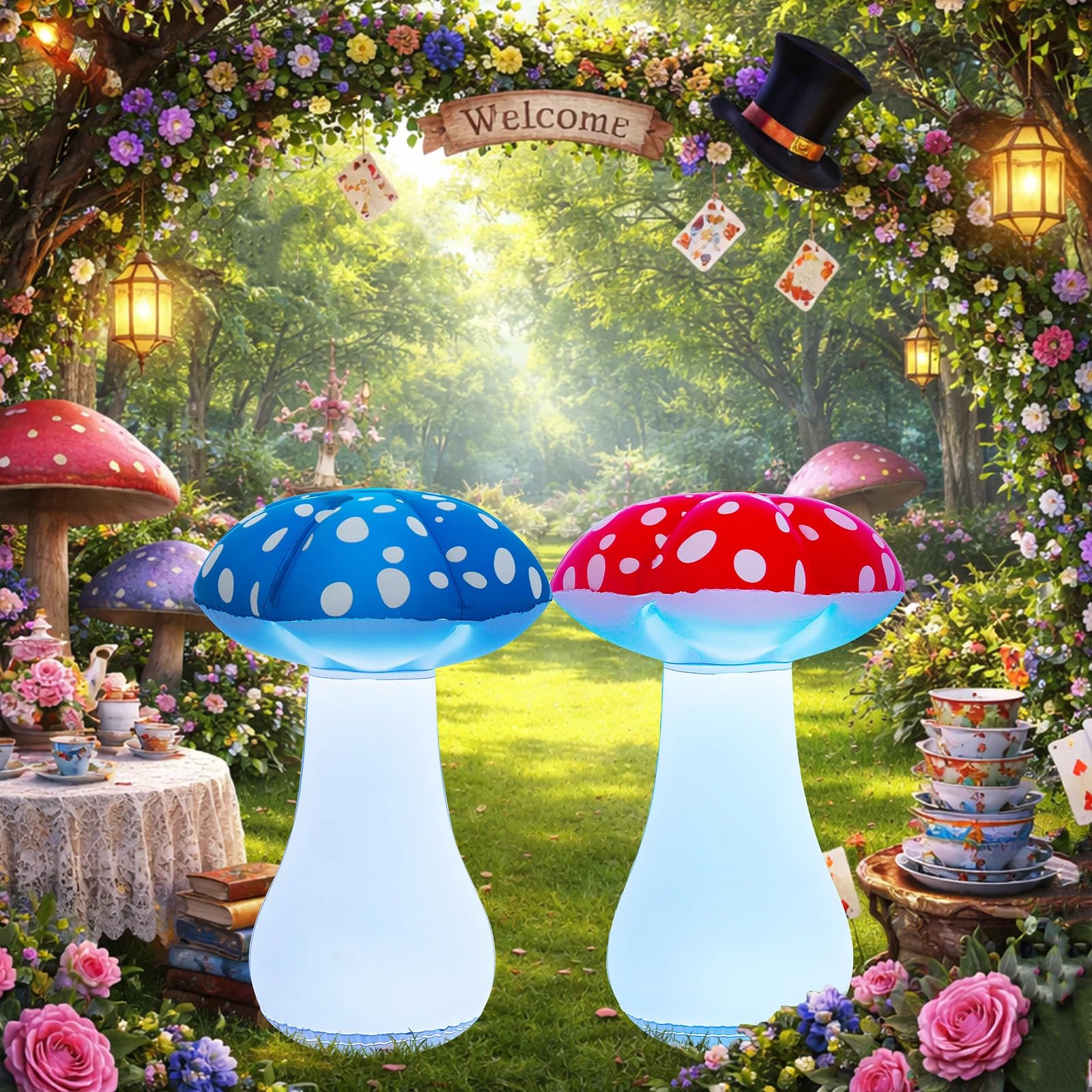 Photo 1 of Rossesay 2 Pcs 31.5" Fairy Garden LED Inflatable Mushrooms Blow up Outdoor Decorations for Yard, Lawn, Patio, Fairy Garden Gifts Enchanted Forest Party (Red and Blue)