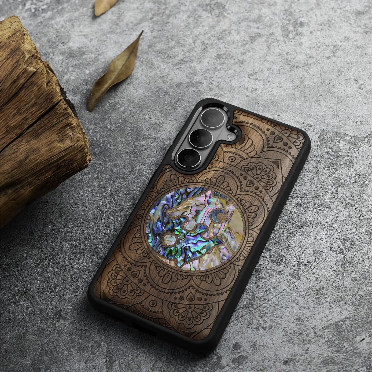 Carveit Magnetic Wooden Case for Samsung Galaxy S26 Case, Wood Artisan Engraved & Handmade Shell Inlaid, Compatible with MagSafe Wireless Chargers (Shell Yin Yang Wolf) Walnut